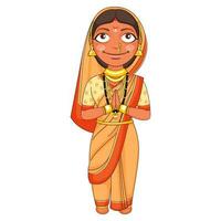 hermosa marathi mujer en pie en namaste pose. vector