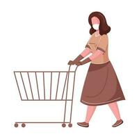 Wearing Mask Woman Holding Shopping Cart on White Background. vector