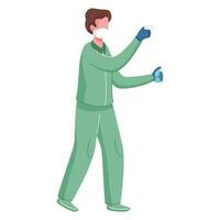 Vector illustration of Mask Wearing Man Holding Infrared Thermometer and Sanitizer.