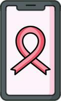 Cancer ribbon on smartphone screen icon in pink and gray color. vector