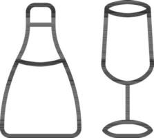 bebida botella con vino vaso icono en negro línea Arte. vector