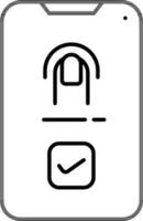 Delgado línea Arte cheque o confirmar huella dactilar contraseña en teléfono inteligente icono o símbolo. vector