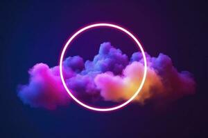 3d render, abstract cloud illuminated with neon light ring on dark night sky. Glowing geometric shape, round frame, generate ai photo