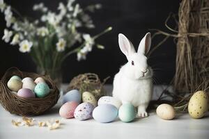 blanco Conejo con Pascua de Resurrección huevos para Pascua de Resurrección día , generativo ai foto