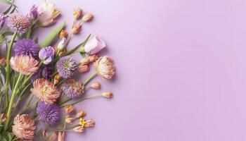 multicolored spring flowers on purple background , generate ai photo