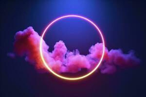 3d render, abstract cloud illuminated with neon light ring on dark night sky. Glowing geometric shape, round frame, generate ai photo