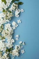 Beautiful spring border, blooming rose bush on a blue background. Flowering rose hips against the blue sky. Soft selective focus , generate ai photo