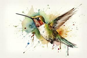 crear un hermosa pintura de un colibrí alimentación en néctar acuarela cuadro, hermosa natural formularios, crujiente limpiar formas, vistoso, blanco fondo, generar ai foto