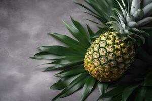 Fresh pineapple with tropical leaves on gray background. , generate ai photo