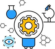 Science developed or research center experiment of biometric eye, cells, electricity, chemical beaker and microscope tools icon. vector