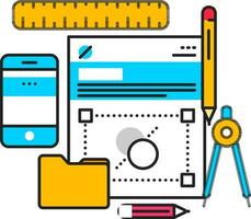 Education or designing tools like as pencil, drawing compass, ruler, file folder with paper and smartphone icon. vector