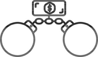 Black line art illustration of Money coin with handcuffs icon. vector