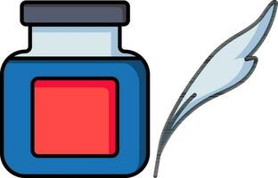 Ink bottle with feather pen icon in blue and red color. vector