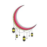 Glossy gray hanging lighting lanterns and stars decorated pink moon. vector