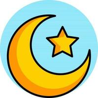 Crescent Moon with Star icon on blue round shape. vector