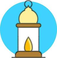 Illuminated Arabic Lantern icon on blue round shape. vector