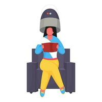 Cartoon Young Woman Sitting Under Hair Dryer and Read a Book at Sofa. vector