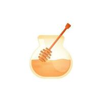 Glossy brown honey ladle in clay pot. vector