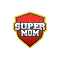 Glossy gray text Supermom on red rays shield. vector