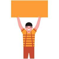 Cartoon Boy Kid Presenting Empty Paper or Board on White Background. vector