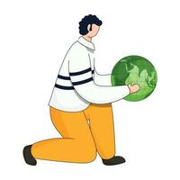 Faceless Young Man Carry Green Earth Globe Sitting on One Knee. vector