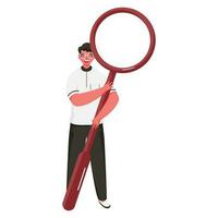 Cheerful Man Holding Magnifying Glass on White Background. vector
