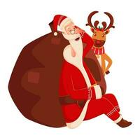 dibujos animados Papa Noel claus dormido cerca pesado saco y reno en blanco antecedentes. vector