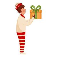 Side View of Cartoon Boy Wear Winter Clothes and Gift Box in Standing Pose. vector