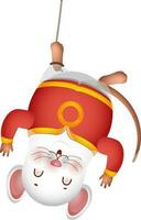 Hang upside down chinese rat cartoon character. vector