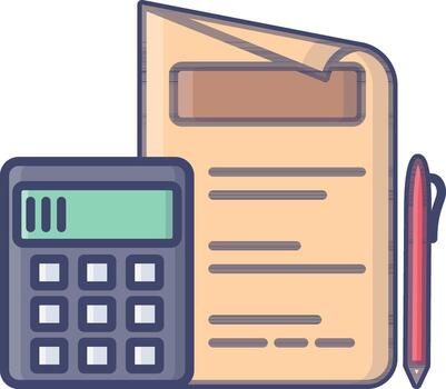 Calculator with Document Paper Pen icon in flat style. vector