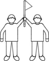 Two man holding flag together icon in line art. vector