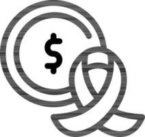 Money Coin with Aids or Cancer Ribbon icon in black line art. vector