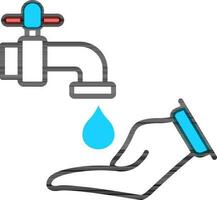 Open Faucet Water Falling on Hand Icon in flat style. vector