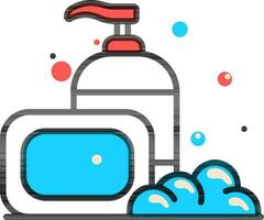 Soap bar with foam and pump bottle icon in blue and black color. vector