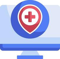 Online location search clinic or hospital with computer icon in red and blue color. vector