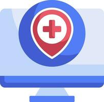 Online location search clinic or hospital with computer icon in red and blue color. vector