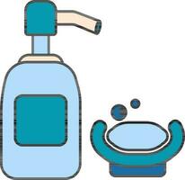 Pump Bottle with Soap Bar Icon in Blue Color. vector