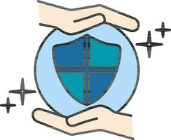 Flat Style Hands Holding Protection Shield Icon or Symbol. vector