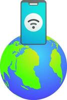 Wifi connected smartphone on earth globe icon in blue and green color. vector