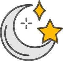 Crescent moon with stars icon in gray and yellow color. vector