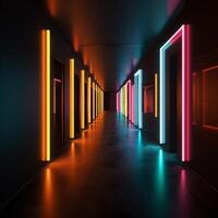 Colorful glow light on dark corridor photo