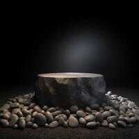 Empty illuminated podium and stone rocks Ai generated photo