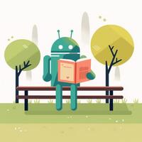 Android robot reads a book sitting on a bench photo