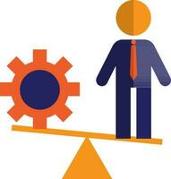 Character of faceless man standing on orange balance scale with cog wheel. vector