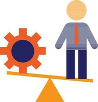 Character of faceless man standing on orange balance scale with cog wheel. vector