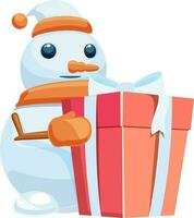 Cute snowman with 3D gift for Christmas. vector