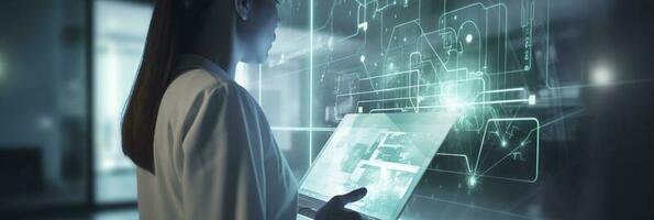 Medicine doctor touching electronic medical record on tablet. DNA. Digital healthcare and network connection on hologram modern virtual screen interface, generate ai photo