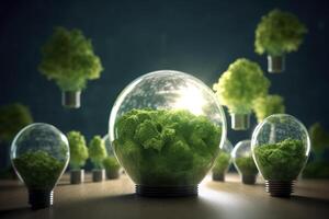 Energy consumption and CO2 gas emissions are increasing light bulbs with green eco city, Renewable energy by 2050 Carbon neutral energy, Save energy creative idea concept, . photo