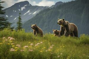 un familia de osos jugando en un campo de flor silvestre, generar ai foto