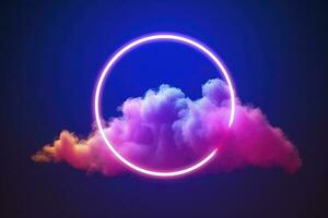 3d render, abstract cloud illuminated with neon light ring on dark night sky. Glowing geometric shape, round frame, generate ai photo